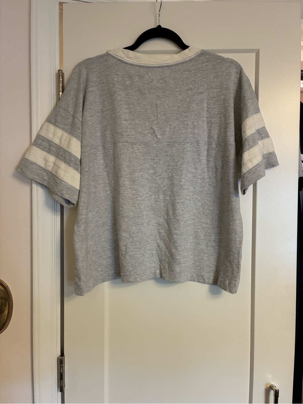 Women's Gray Short Sleeve Tee with White Sleeve Stripes